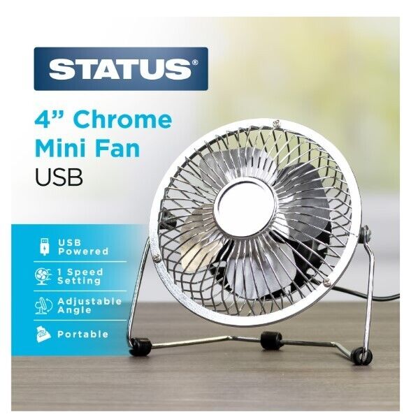 Status 4" Chrome Portable USB Mini Metal Desk Fan
