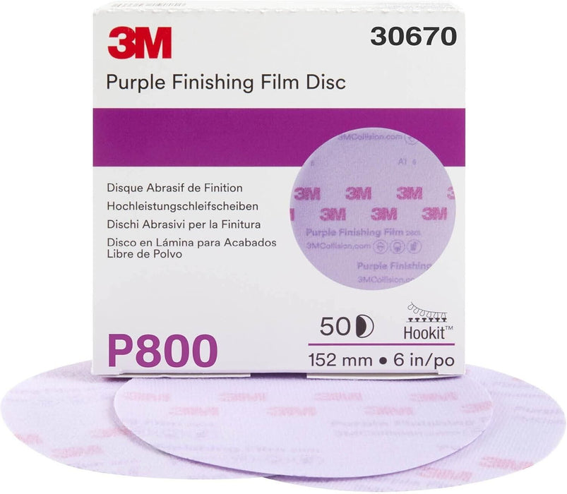 3M Hookit Purple Finishing Film Abrasive Disc 30670, 6 in, 800+ Grade, 50 Pack