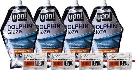 4 X U-POL Dolphin Glaze Putty UPOL 440ml with 4 BPO Hardener