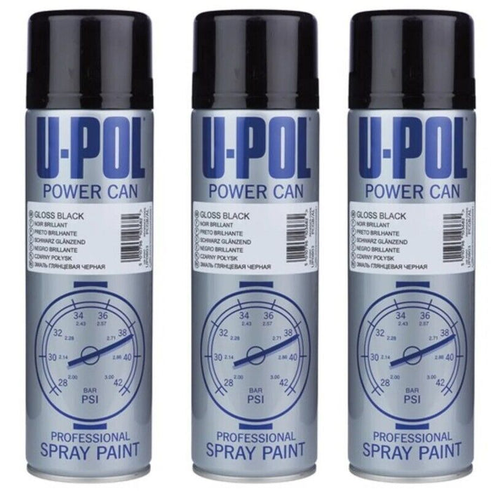 3 X UPOL Power Can Gloss Black Aerosol Topcoat Colour Fast Dry Spray Paint 500ml