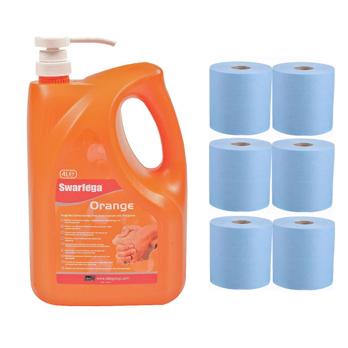 Swarfega Orange Wash 4L & Blue 2-Ply Paper Hand Towels 2700 Sheets Pack of 6