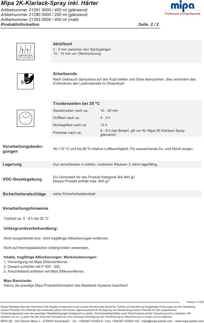 MIPA 2K CLEAR COAT SPRAY  Lacquer Car Paint Aerosol with HARDENER 400ml