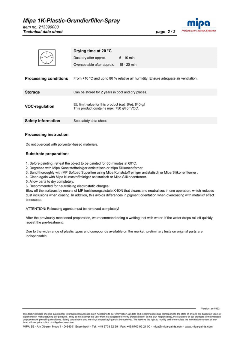 Mipa 1K Plastic Grundierfiller Spray Light Grey 400ml 213390000