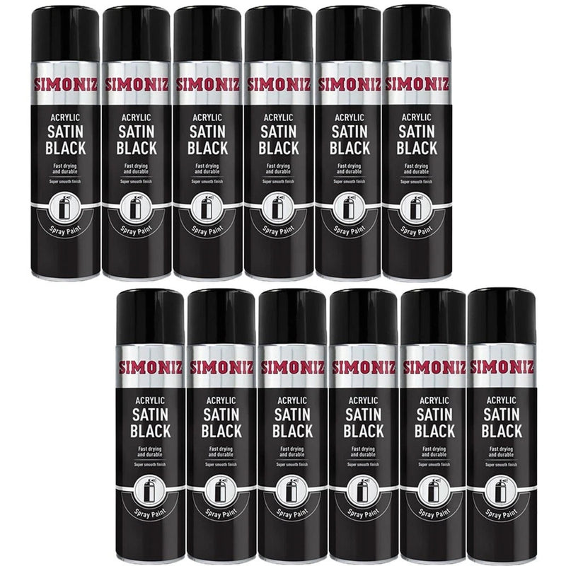 Simoniz Satin Black Spray Paint Acrylic Fast Dry Smooth Finish Durable 500ml X12