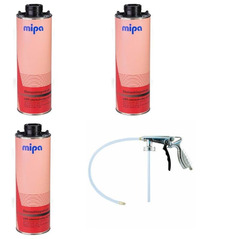 3 X MIPA SUPER BLACK STONE CHIP  Underbody Coatings 1L & Under Coating Spray Gun