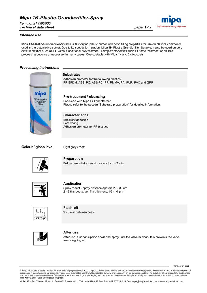 Mipa 1K Plastic Grundierfiller Spray Light Grey 400ml 213390000