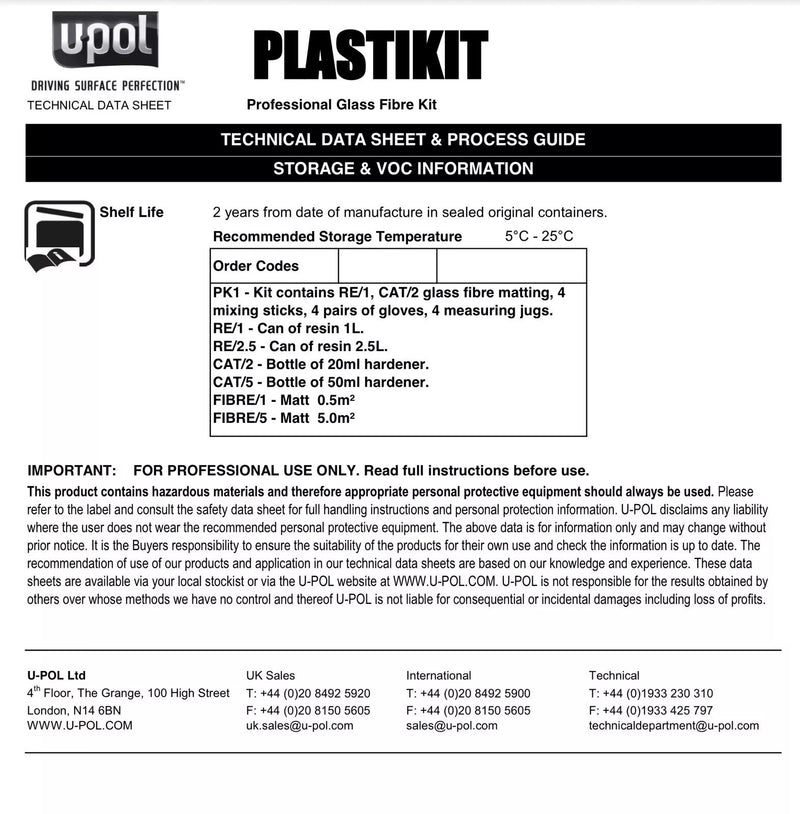 U-POL Isopon Large Fibreglass Resin,Activator + Matting KIT UPOL Fibre Glass