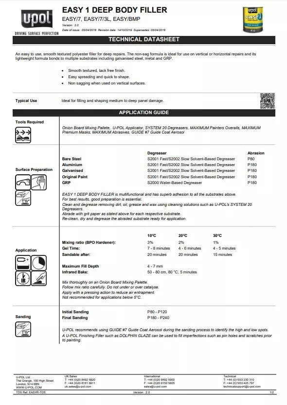 U-Pol Easy Car Body Filler  3L  - WITH  HARDENER & SPREADER PACK OF 3