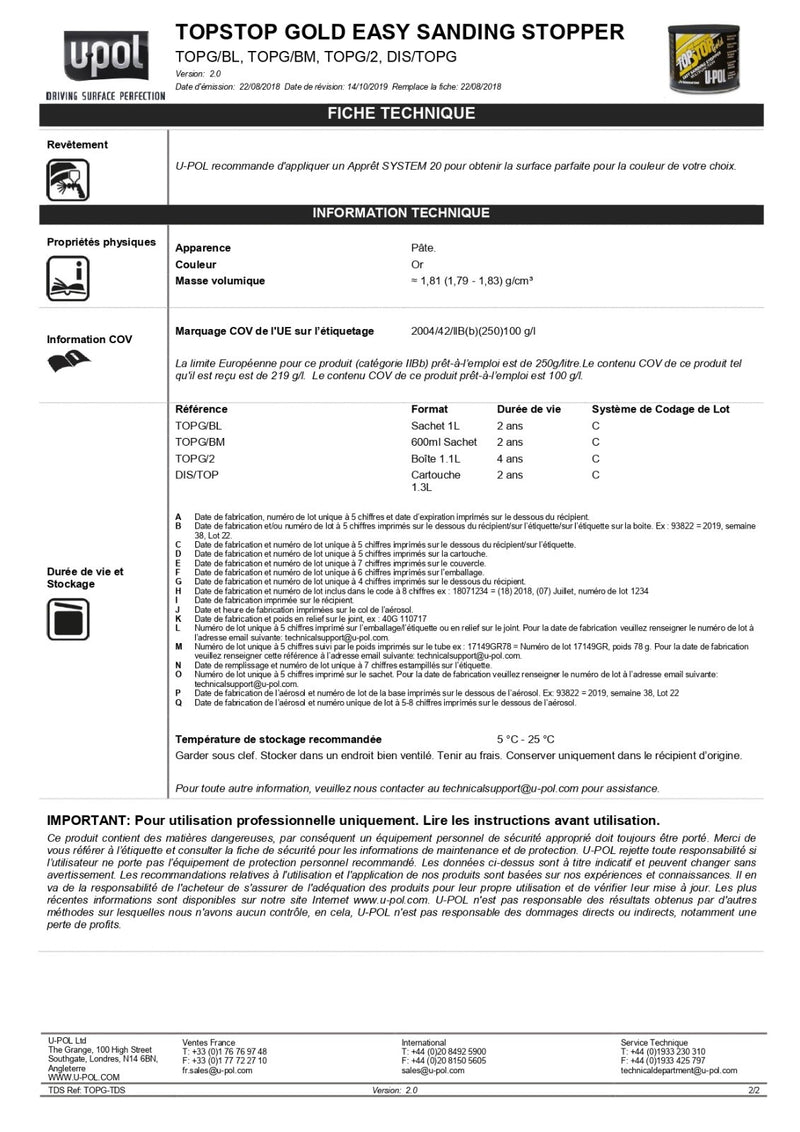 UPOL  Top-stop Gold Finishing Body Filler 1.1L TOPG/2