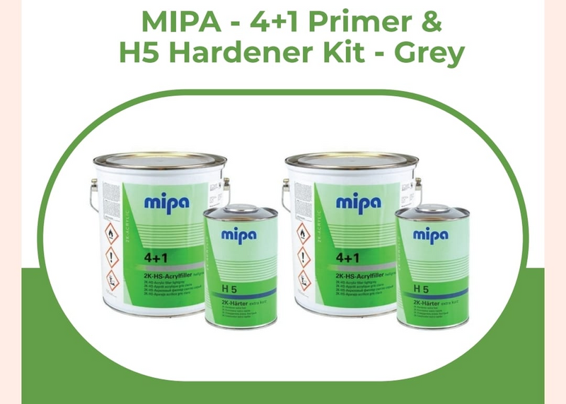 2 X MIPA 4+1 ACRY FILLER 2K PRIMER HIGH BUILD  GREY 4LTR with H5 1LTR 5LTR KIT