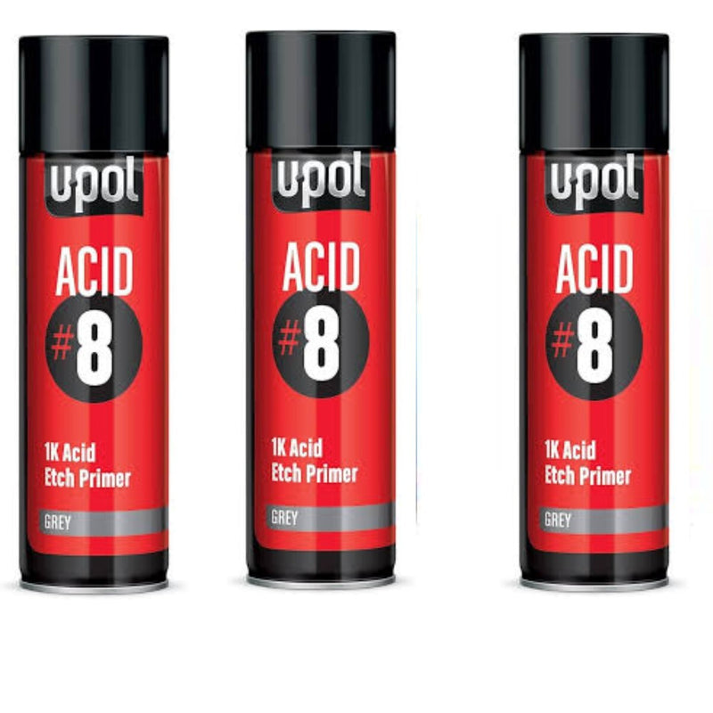 3 X U-POL Acid 8 Etch Primer Grey Aerosol 1K 450ml
