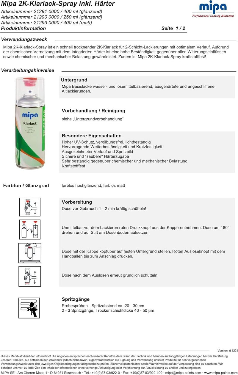 MIPA 2K CLEAR COAT SPRAY  Lacquer Car Paint Aerosol with HARDENER 400ml
