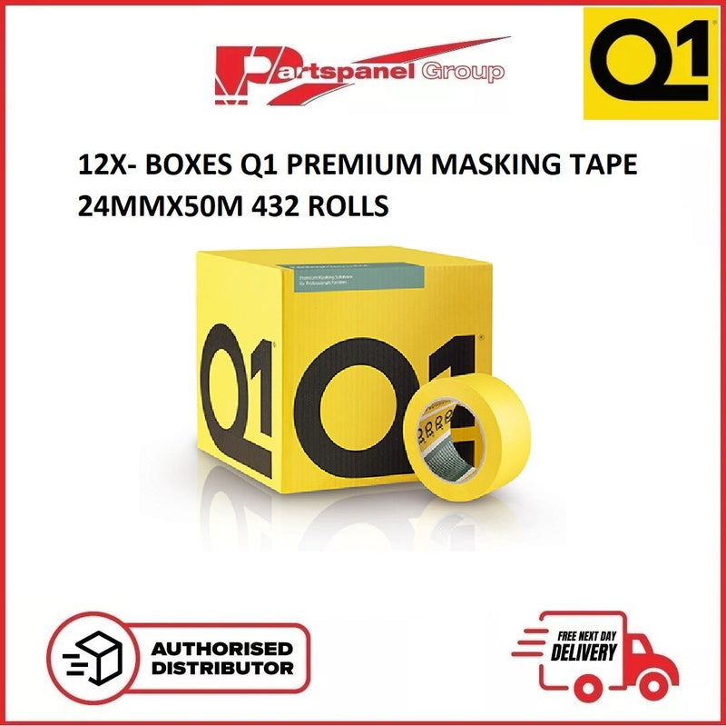 12X BOXES- Q1 Premium Masking Tape 24mm x 50m - (36 Rolls Each / 432Total Rolls)