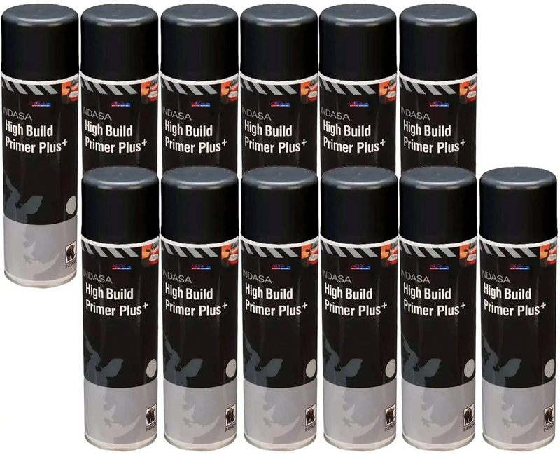 12x Indasa High Build Primer + Black Aerosol Spray Paint 500ml –Automotive Paint