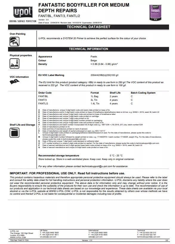 U-pol Fantastic Ultra Lightweight Body Filler with BPO HARDENER & SPREADER 4 CAN