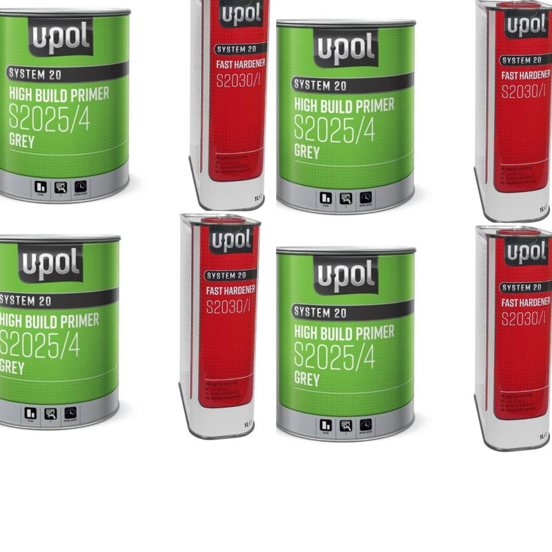 4X U-POL S2025/4 HIGH BUILD 2K GREY PRIMER WITH S2030/1 UPOL HARDENER - 5LTR KIT