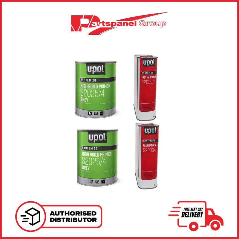2X U-POL S2025/4 HIGH BUILD 2K GREY PRIMER WITH S2030/1 UPOL HARDENER - 5LTR KIT