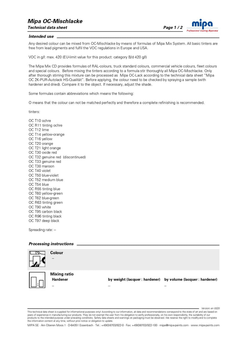 Mipa OC T10 Ochre 2K-PUR acrylic tinter 3 ltr