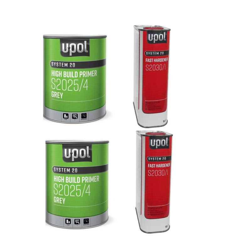 2X U-POL S2025/4 HIGH BUILD 2K GREY PRIMER WITH S2030/1 UPOL HARDENER - 5LTR KIT