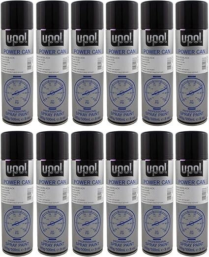 12 X UPOL Power Can Gloss Black Aerosol  Colour Fast Dry Spray Paint 500ml