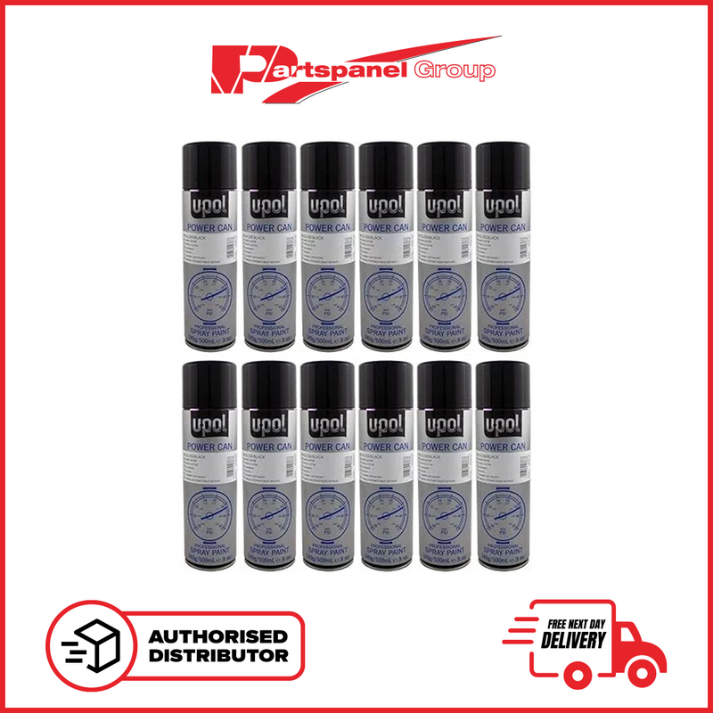 12 X UPOL Power Can Gloss Black Aerosol  Colour Fast Dry Spray Paint 500ml