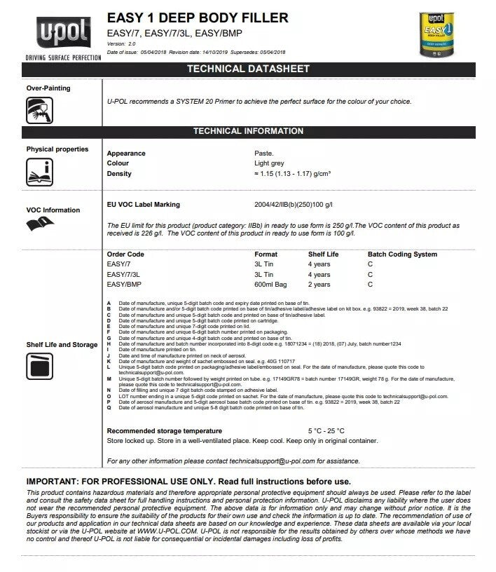 U-Pol Easy Car Body Filler  3L  - WITH  HARDENER & SPREADER PACK OF 3