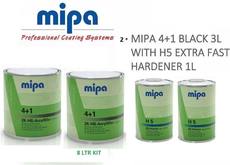 2 X MIPA 4 + 1 ACRYFILLER HIGH BUILD PRIMER BLACK 3LTR- 2 X H5 1LTR *8 LTR KIT*