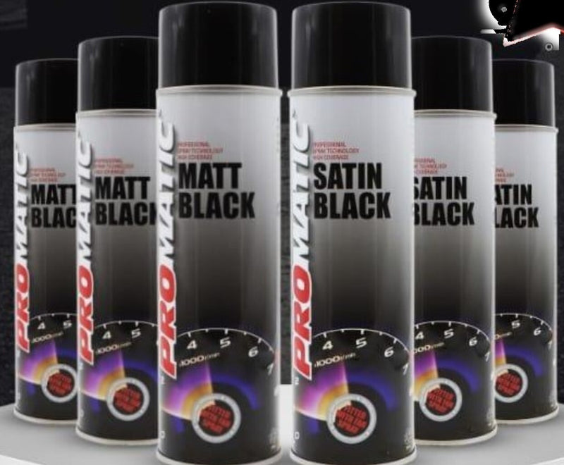 3 X PROMATIC SATIN BLACK & 3 X  PROMATIC MATT BLACK AEROSOL  500ML