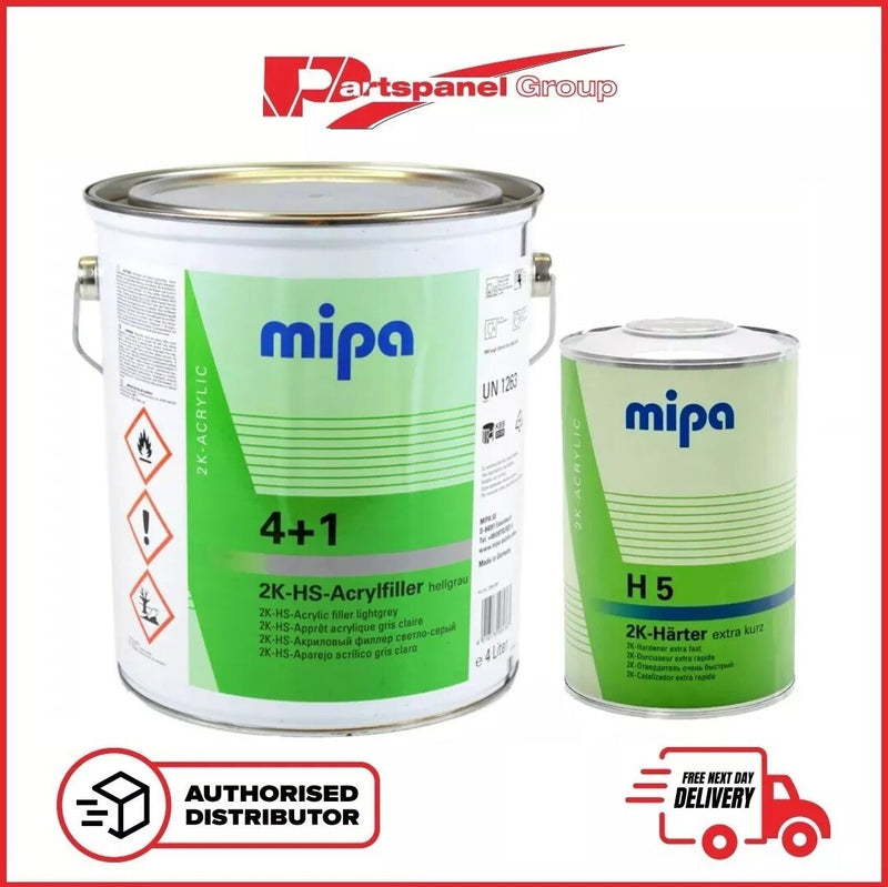 MIPA 4 + 1 ACRY FILLER 2K HIGH BUILD PRIMER LIGHT GREY 4LTR + H5 1LTR 5LTR KIT