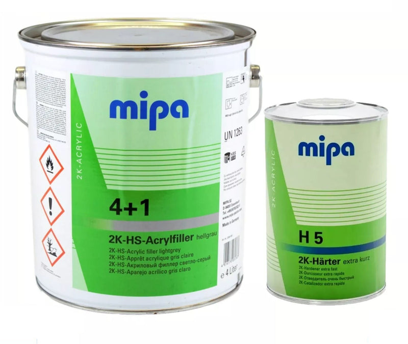 MIPA 4 + 1 ACRY FILLER 2K HIGH BUILD PRIMER LIGHT GREY 4LTR + H5 1LTR 5LTR KIT