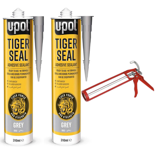 2 x U-pol tiger seal adhesive sealant grey 310ml With Sealey Caulking Gun 330mm