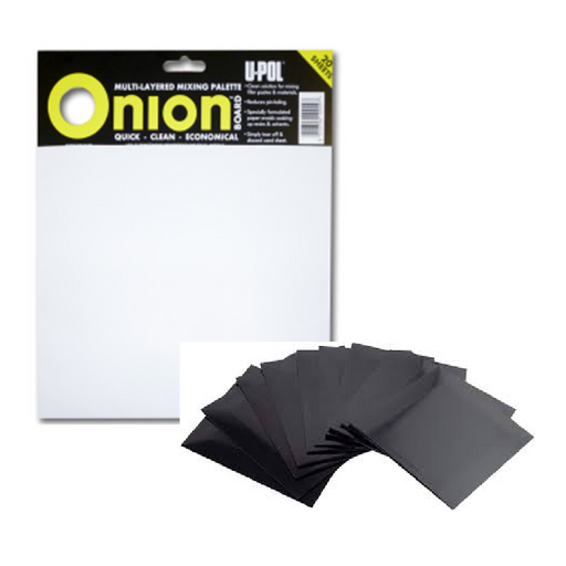 U-POL ONION BOARD 100 SHEETS - CAR BODY FILLER MIXING BOARD WITH (10 X SPREDERS)