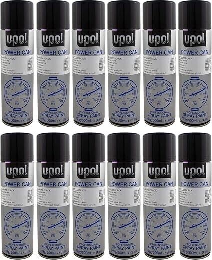 12 X UPOL Power Can Gloss Black Aerosol  Colour Fast Dry Spray Paint 500ml