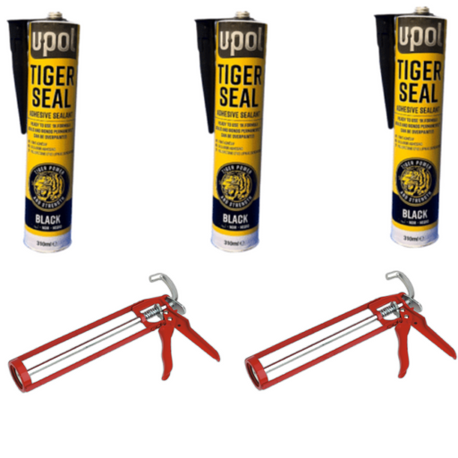 3 X Upol tiger seal  sealant black 310ml With 2 X Sealey AK39 Caulking Gun 330mm
