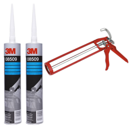 2 X 3M 8509 Windscreen Sealer, Black, 310 ml With Sealey AK39 Caulking Gun 330mm