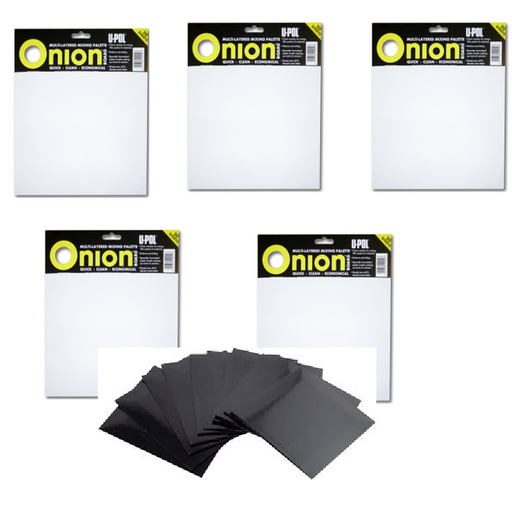 5X U-POL ONION BOARD 20 SHEETS - BODY FILLER MIXING BOARD WITH ( 10 X SPREDERS)