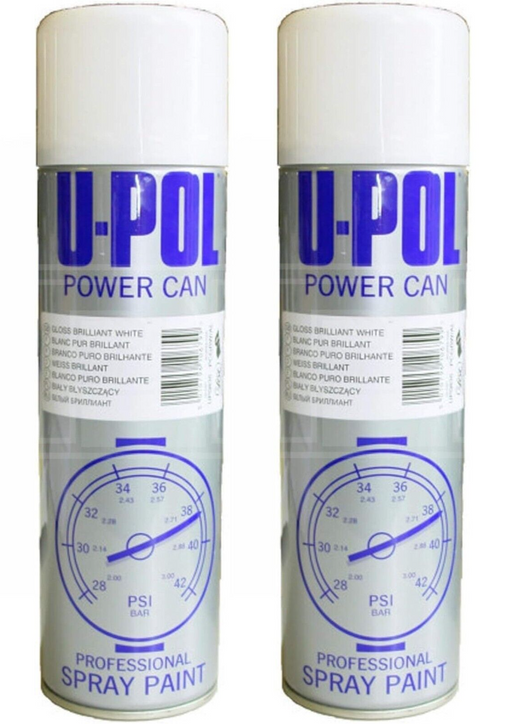 2 X U-POL Power Can Gloss White Topcoat Aerosol Spray Paint 500ml