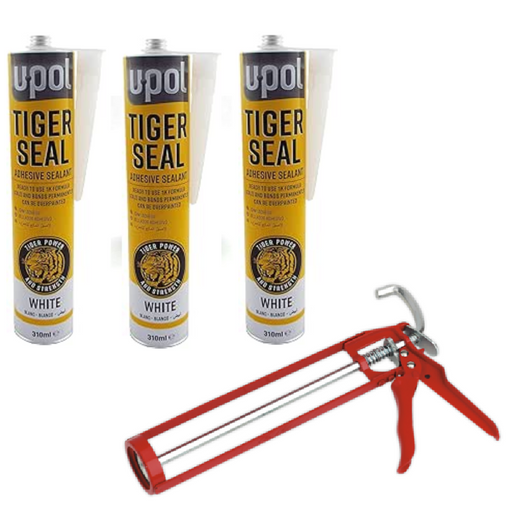 3 x U-pol tiger seal adhesive sealant White 310ml With Sealey Caulking Gun 330mm