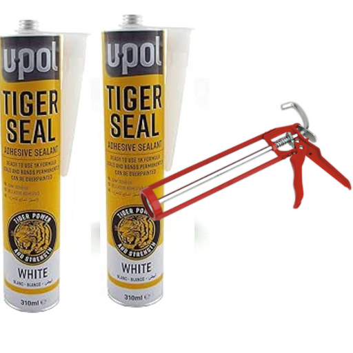 2 x U-pol tiger seal adhesive sealan white 310ml With Sealey Caulking Gun 330mm
