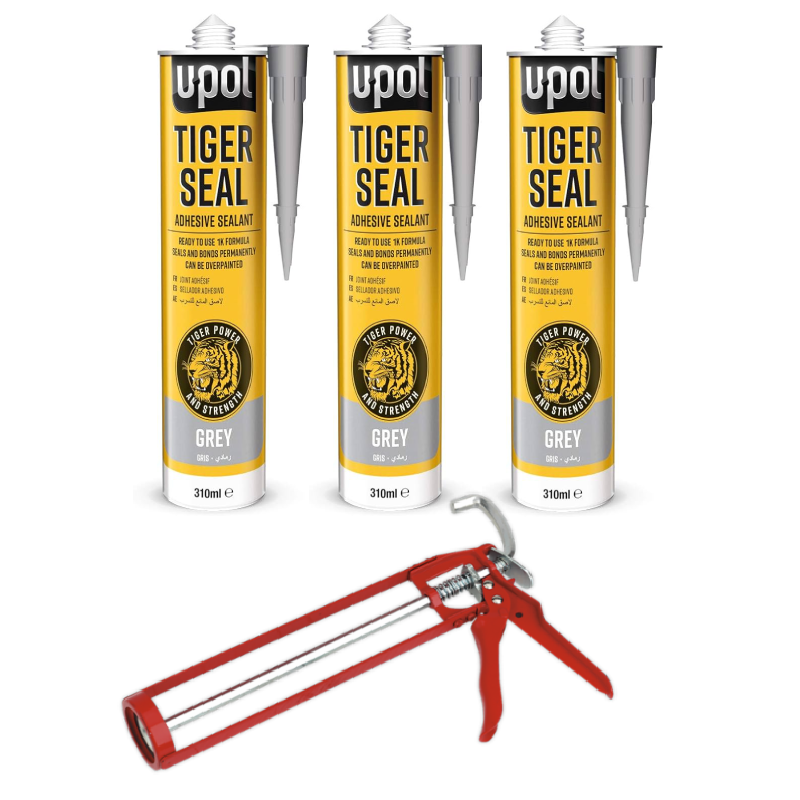 3 x U-pol tiger seal adhesive sealant grey 310ml With Sealey Caulking Gun 330mm