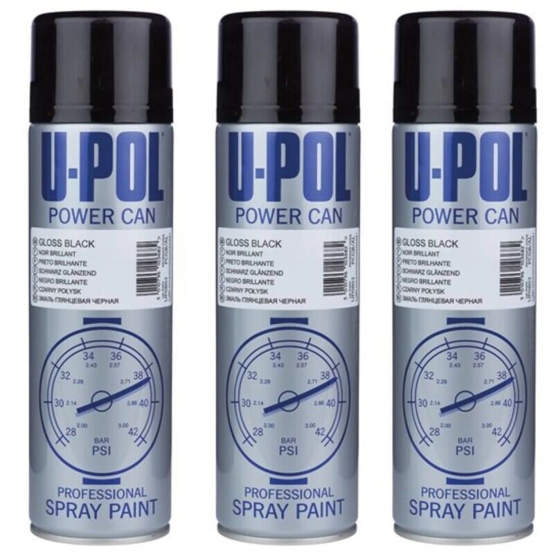 3 X UPOL Power Can Gloss Black Aerosol Topcoat Colour Fast Dry Spray Paint 500ml