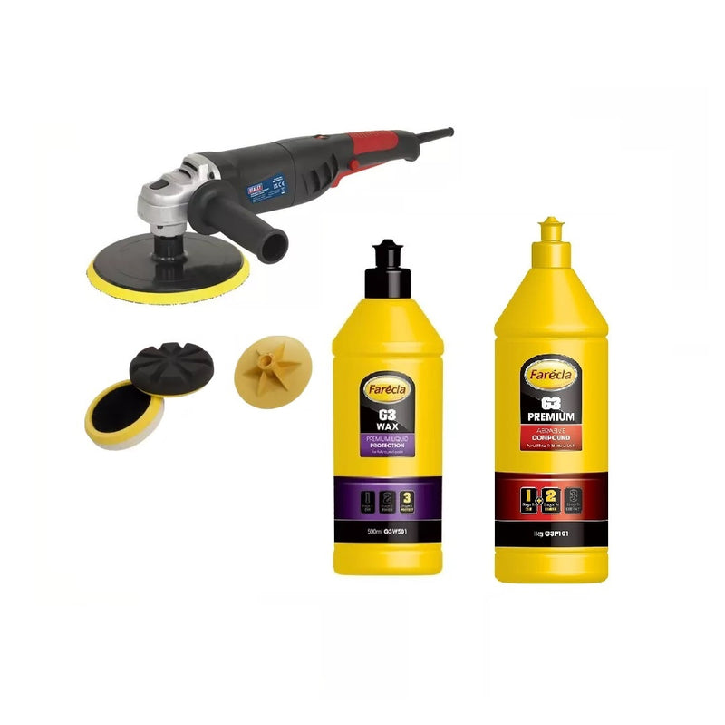 Sealey ER1700P Polisher Kit with Farecla G3 Premium, G3 Wax, Polishing Pads